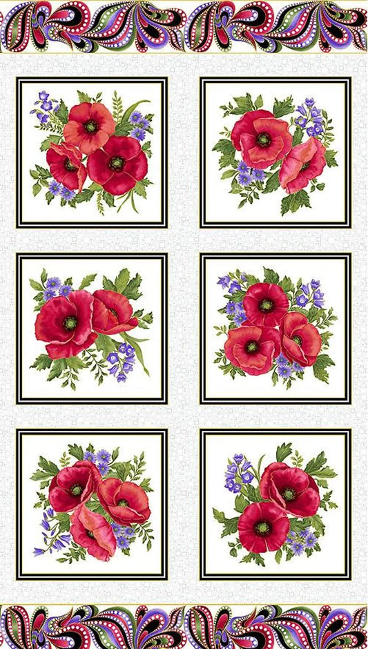 Benartex Amazing Poppies Framed Garden Panel 13160M White Gold