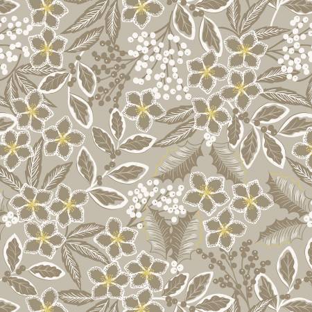 Lewis & Irene Noel Holly Berries Mono Metallic Natural Grey D#C66-1