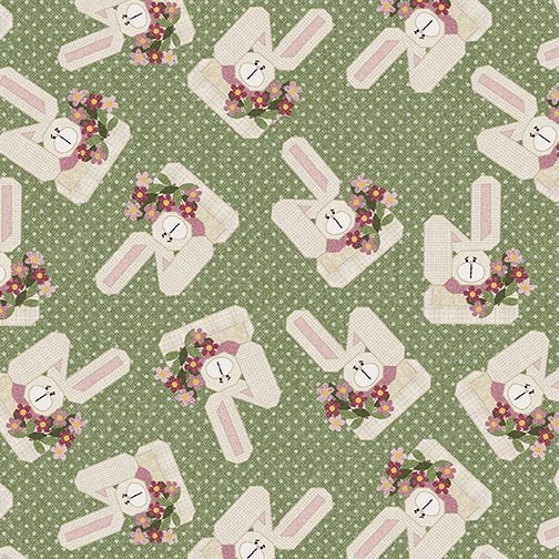 Benartex A Wooly Garden Garden Bunnies Sage 10470-42