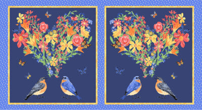 Andover Fabric Panel Lovebirds by Two Can Art Blue A-9861-B