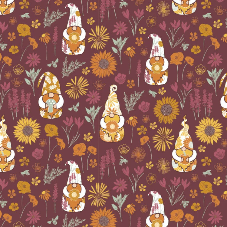 Camelot Fabrics Harvest Time Gnome Worry Be Happy Plum 30200501-03