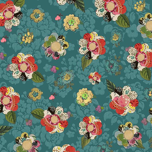 Benartex Soul Shine & Daydream Collage Flower Dark Teal 10347-84