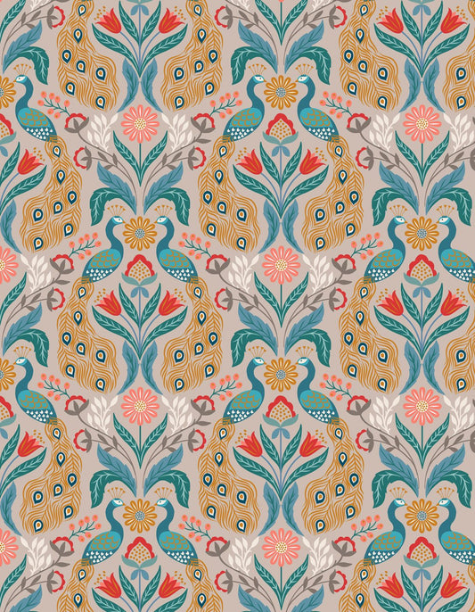 Lewis & Irene Wintertide Metallic Arts & Crafts Peacock on Linen With Copper Metallic A582.2