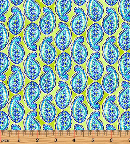 Benartex Blue Horizon Paisley in Green Geometric Swirl