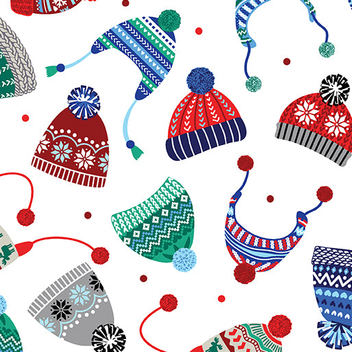 7136 Benartex Designer Fabrics Flannel Winter Wonders Cozy Hats White 14819F-09