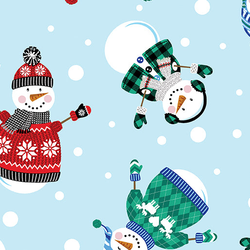7142 Benartex Designer Fabrics Flannel Winter Wonders Happy Snowmen Light Blue 14822F-05