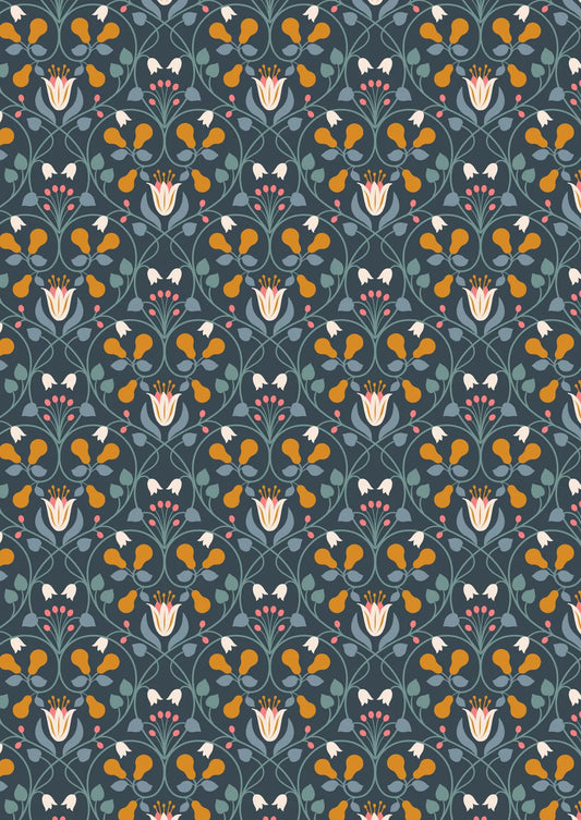 Lewis & Irene Wintertide Metallic Pear Hearts Copper Metallic Dark Blue A586-3