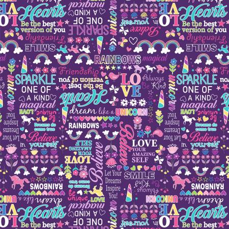 8021 Benartex Unicorn Magical Words Purple 9804PB-66