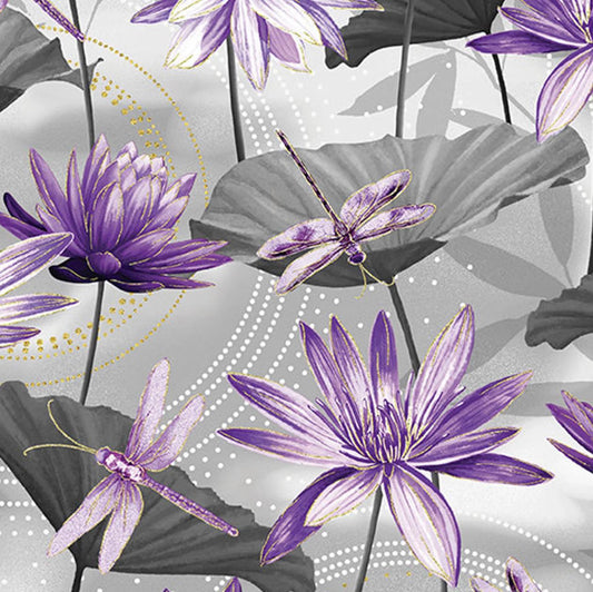 8066 Benartex Designer Fabrics Dragonfly Dance Waterlily Pool CM8499-11 Gray and Purple with Gold Metallic