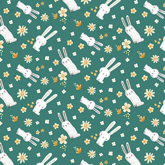 8289 Benartex Designer Fabrics Into the Woods Meadow Bunny Teal 13301-84