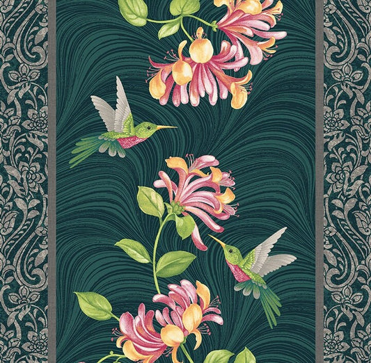 8303 Benartex Designer Fabrics Hummingbirds & Honeysuckle Border Stripe Teal 13214