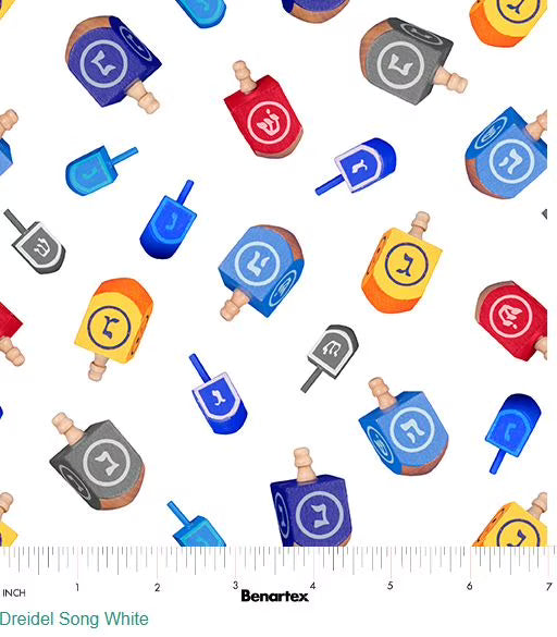 8607 Benartex Designer Fabrics Festival of Lights Dreidel Song White 09949-09