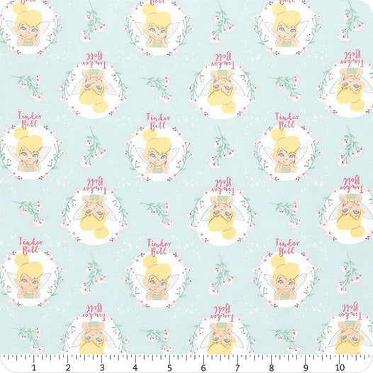 8657 Camelot Fabrics Disney Tinker Bell Floral Badges Light Blue 85400303
