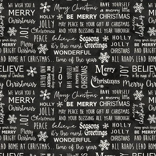 8666 Benartex Designer Fabrics Rustic Village Christmas Words on Black 6883-14