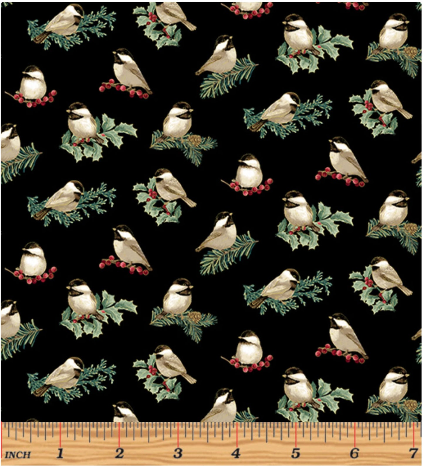 8667 Benartex Designer Fabrics A Festive Medley Metallic Charming Chickadees Black 13182M-12
