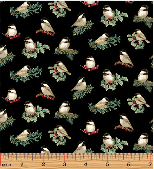 8667 Benartex Designer Fabrics A Festive Medley Metallic Charming Chickadees Black 13182M-12