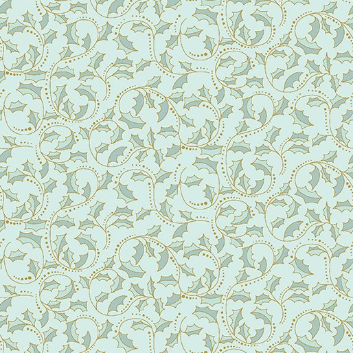 8670 Benartex Designer Fabrics A Festive Medley Golden Leaf Scroll Light Teal Metallic 2657M-04