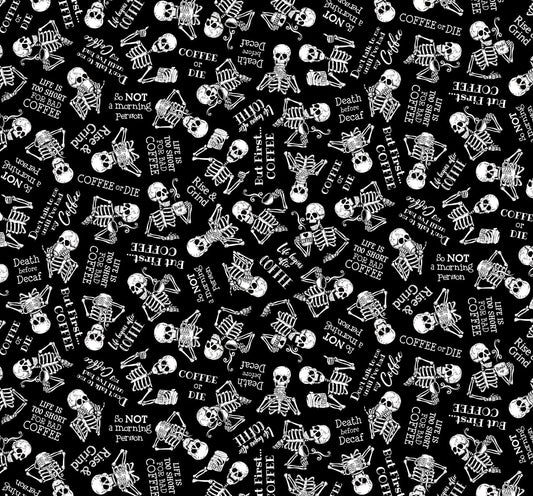8671 Timeless Treasures Tossed Skeletons in Need of Coffee C8957 on Black