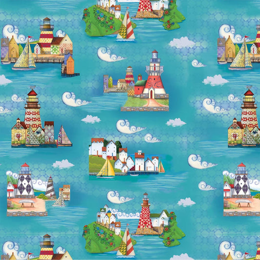 8684 Benartex Designer Fabrics Shorelights Lighthouses Turquoise 9438-84