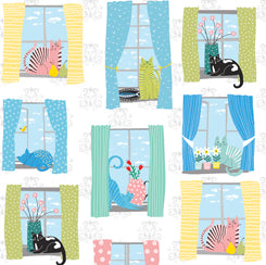 8693 QT Fabrics Whiskers Ink & Arrow Whiskers Cats in Windows White 1649-28020-Z