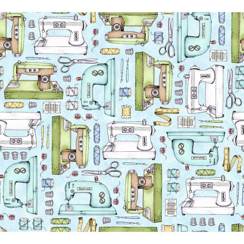 Maywood Studio Measure Twice Sewing Machines Aqua MAS9890-Q