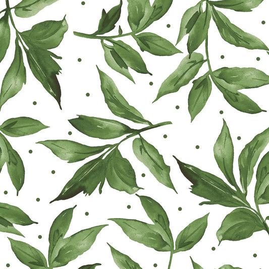 9064 Maywood Studio Prose Green Leaves on White