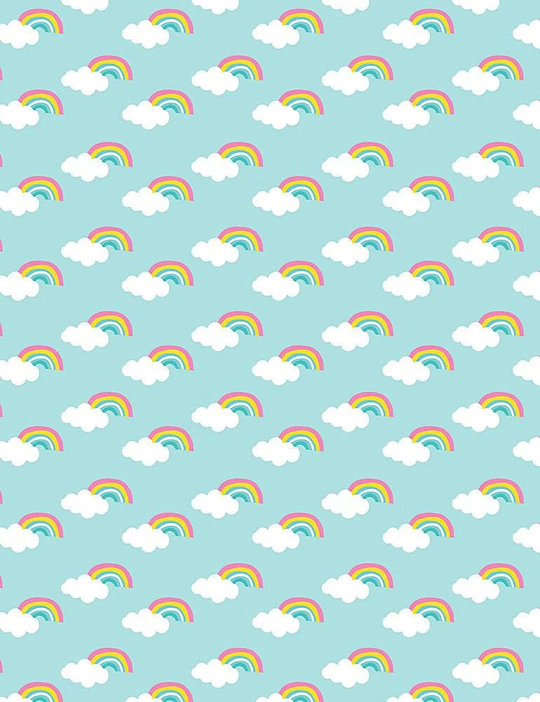Timeless Treasures Kidz Hop Til You Drop Cut Rainbows Aqua KIDZ-C1148