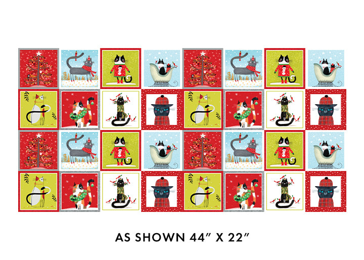 PANL-464 Benartex Designer Fabrics Panel Meowy Christmas Squares Multi 1623199B 22"