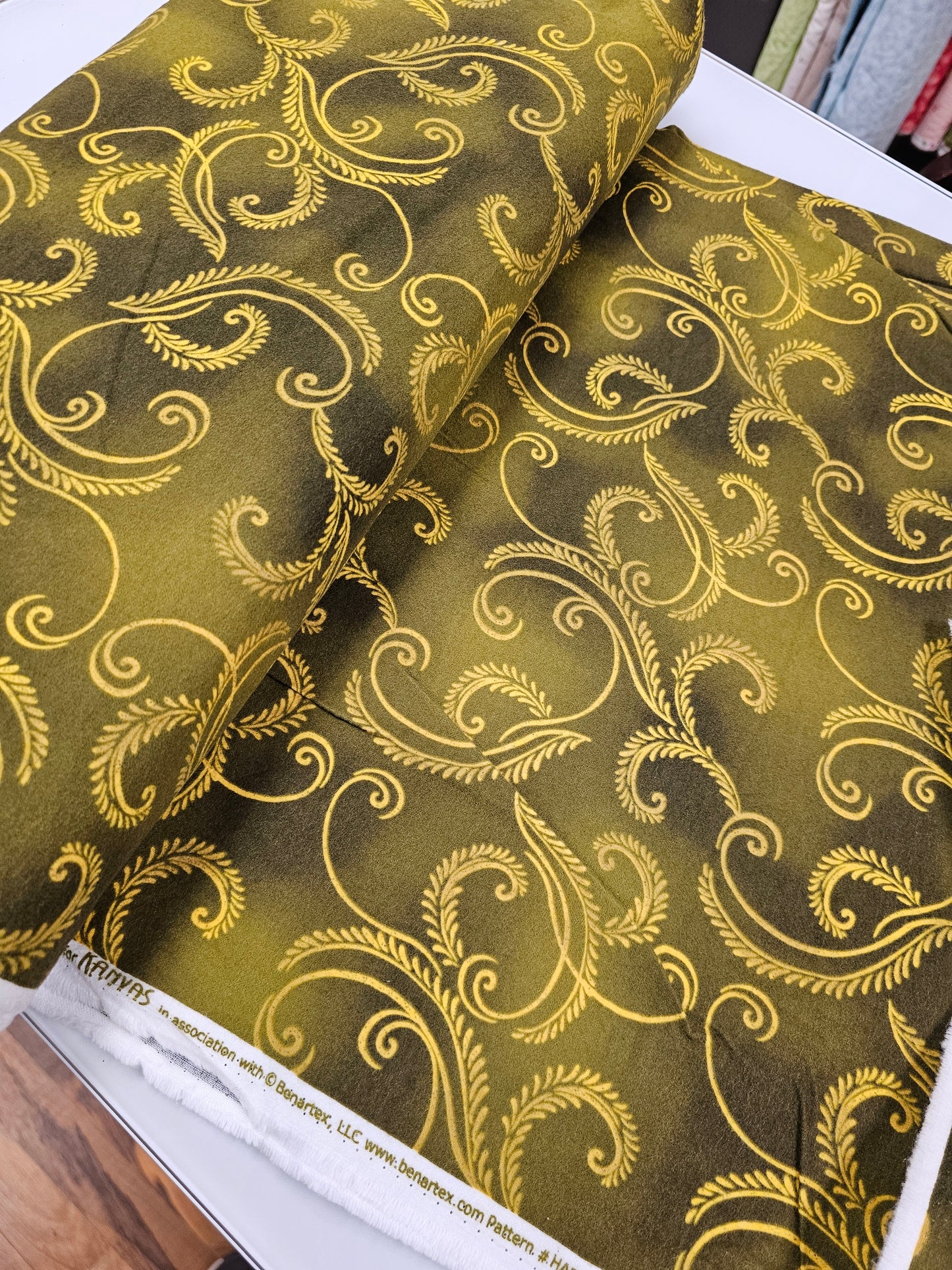 Benartex Flannel Harvest Scroll Autumn Leaves in Olive Green 12737F