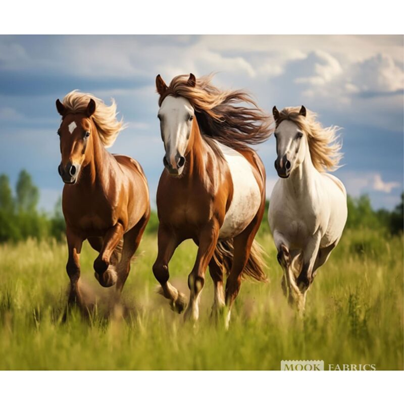 PANL-442 Mook Fabrics Panel Fall Running Free Horses Brown 136494