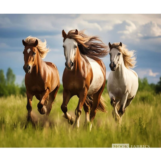 PANL-442 Mook Fabrics Panel Fall Running Free Horses Brown 136494