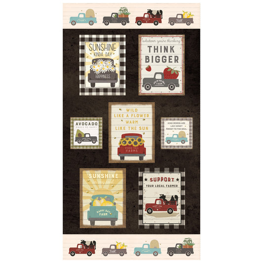 Clothworks Happy Day Farm Block Panel Dark Brown 24" Y3560-16