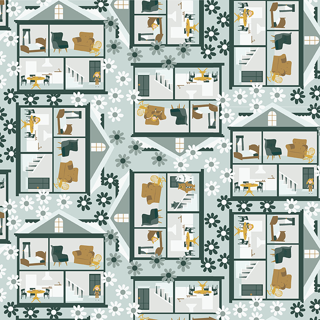 Clothworks Little Goldi Houses Light Teal Y3668-103