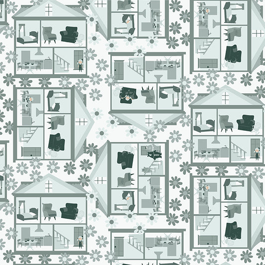 Clothworks Little Goldi Houses Mist Gray Y3668-116